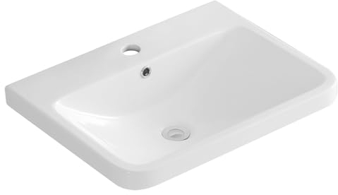 Robanmoa 600mm Bathroom Sink Inset Basin Cloakroom Basin, Rectangular Mid-Edge Basin, Single Tap Hole Overflow Vessel Sink Inset Wash Basin Bowl Ceramic Sink for Bathrooms