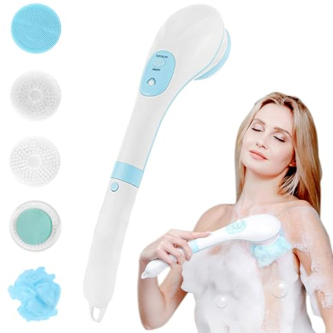 Elektrische Körperbürste, Gesichtsreinigungsbürste, Spin Skin Brush mit 5 Bürstenköpfen, USB Wiederaufladbare wasserdichte Körperbürste mit langem Griff für Peeling, Tiefenreinigung, Entspannung,