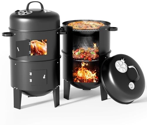 Warmiehomy Räucherofen 3 in 1, Räuchertonne Smoker Grill Holzkohlegrill mit Deckel, Eingebautem Thermometer und Verstellbaren Lüftungsschlitzen, Grilltonne für Hinterhof, Camping & Kochen, 80x40CM