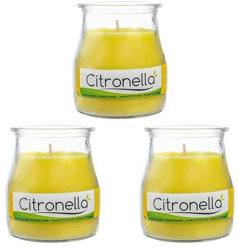 Pack de 3 Velas Aromáticas en Vaso de Yogurt de Cristal Reciclable - 24h de Duración,Cera Vegetal Perfumada, Fabricadas en España, 7x6cm (Citronela)