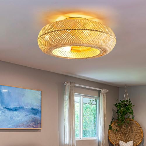 Ventilador De Techo Con Iluminación Y Mando A Distancia Retro Pantalla Bambú Ventilador Silencioso Luz De Techo 6 Velocidades Palas Reversibles Temporizador Plafón E27 Salón Dormitorio Suspensión(A)