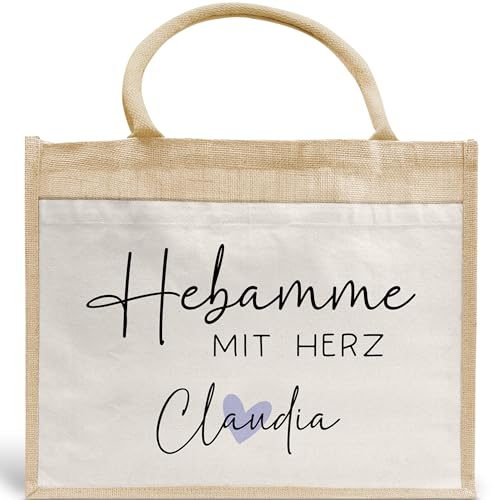 Hebamme mit Herz Tasche mit Namen - kleines Geschenk - Dankeschön Juteasche Abschiedsgeschenk - Beste Hebamme mit Wunschtext