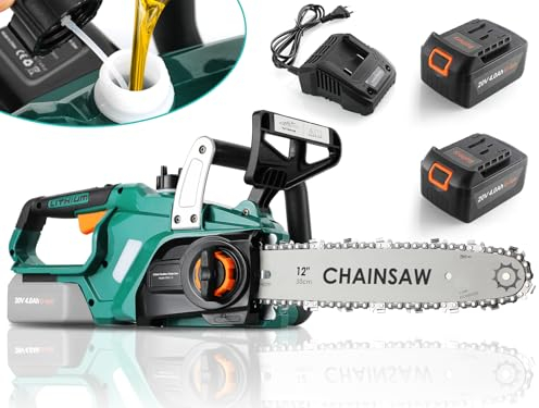 12 Pollici Motosega a Batteria con Li-Ion 20V Batteria,8000 mAh Motosega Elettrica Lunghezza di Taglio 30,5 cm,Sega Elettrica con Catene/Barre Guida/Caricabatterie,Motore Brushless,per Tagliare Legna