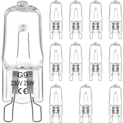 Morotty 12 Pack G9 Halogen Light Bulbs Dimmable 25W, 230V G9 Halogen Capsule Bulbs Warm White, 300℃ High Temperature Resistant, for Wax Burner Bulbs, Oven Bulbs, Lava Lamp Bulb