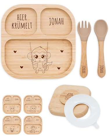 Bärenfreunde® - Personalisierter Baby Teller mit Saugnapf - Praktisches Beikost Zubehör Säugling mit Namen - Kinder Teller Rutschfest - Personalisierte Geschenke Baby (Affe)