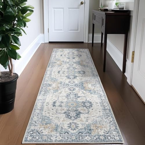 TOPICK Läufer Flur Superdünne Vintage Blumen Faltbar Waschbar Kurzflor Orientalischer Floral Küchenteppich Lang Teppichläufer 60x210cm Hellblau Schlafzimmer Wohnzimmer Esszimmer Büro
