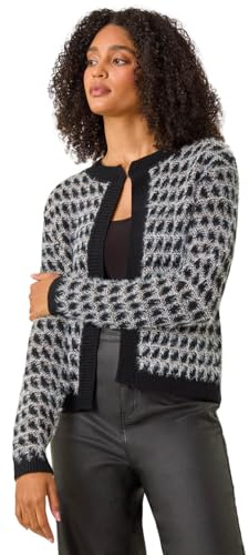 Roman Originals Textured Pattern Fluffy Knit Cardigan for Women UK - Ladies Everyday Autumn Winter Round Neckline Comfy Soft Evening Vacation Work Party Night Out