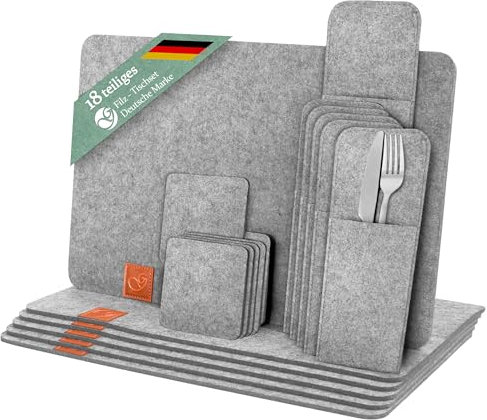 Ganzoo Tischsets aus Filz 18-teilig, Rechteckig, Platz-Set abwaschbar, hitzebeständige Untersetzer, Platzdeckchen für Esstisch, Hellgrau
