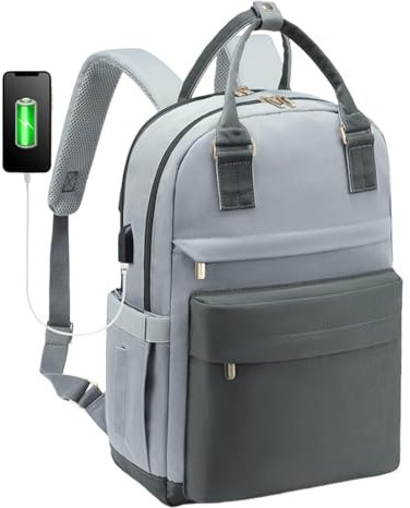 Zaino per laptop - Borsa per libri impermeabile con porta di ricarica USB | Zaino scuola di grande capacità, borsa da lavoro per infermiere con scomparto per computer, Grigio scuro con blu chiaro,
