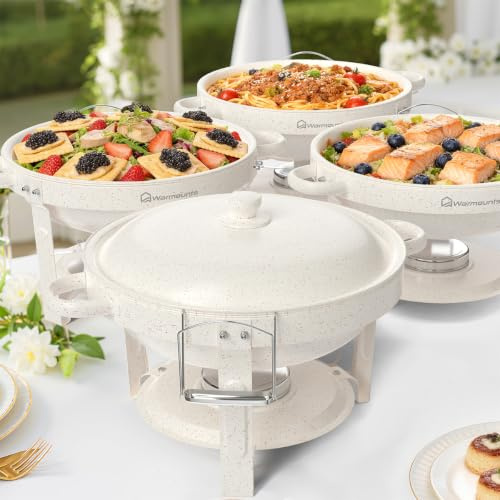 WARMOUNTS Chafing Dishes Buffet Set 5L 4 Pack, Maifanite-Coated Round Buffet Warmers Mirror-Polished Stainless Steel, Rolled Rim Stackable Chafers with Lid Holder for Party, Wedding, Events, White