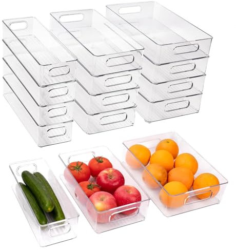 ZHOHO TANT 12 Pack Refrigerator Organizer Bins, 3 Sizes Stackable Clear Pantry Storage with Handles for Fridge, Freezer, Shelves, Drawer, Bins, Snack Organizer for Home & Kitchen