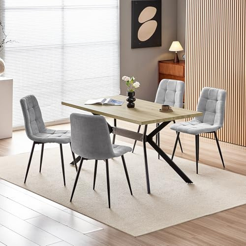 WAFTING Essgruppe Esstisch mit 4 Stühlen, 140×80×73cm HDF Esstisch mit Helle Holzmaserung, und Gepolsterte Grau Esszimmerstühle mit hoher Rückenlehne und Leinendesign, für Küche Esszimmer, Wohnzimmer