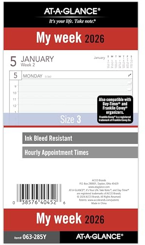 AT-A-GLANCE 063-285Y-26 Terminplaner-Nachfüllpackung, Wochenplaner, 9,5 x 17,5 cm, tragbare Größe 3, lose Blätter