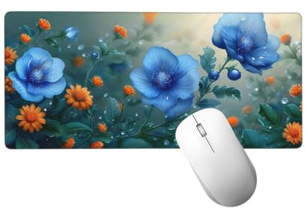Tapis de Souris Fleur Tapis de Souris XXL 500 x 250 mm, Grand sous Main Bureau Gaming avec Bords Surpiqués et Dos Antidérapant, Bleu Mouse Pad Gamer pour Clavier et Souris, Cadeaux pour Hommes H-451
