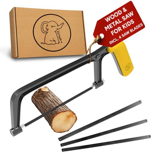 Eli® Sierra para niños a partir de 6 años, incluye 4 hojas de sierra para madera y metal, sierra para metales auténticos para manualidades, reparación para todos los constructores y constructores