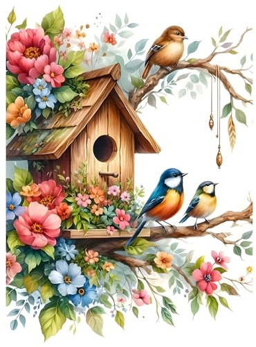 EOBROMD Diamond Painting Erwachsene Blumen, 5D Diamant Painting Bilder Vögel, DIY Vogelhaus Diamant Malerei Set für Wanddekoration 30x40cm