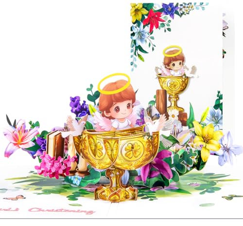CNLITIHEKA Taufe Pop Up Grußkarte für Baby, Religiöse Taufe Pop Up Karte für Mädchen, mit Blumen, Tauben, Kelch, Inklusive Umschlag.