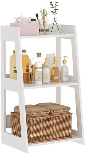 POBOMULI 3-Tier Bathroom Ladder Shelf Freestanding, White Floor Shelves Open Shelving Unit, Small Bookshelf Nightstand for Home Study Laundry Room