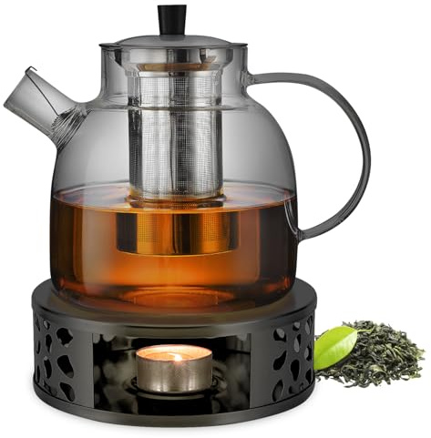 1500ml Teekanne Mit Siebeinsatz, Teekanne Mit Stövchen, Teekan Aus Glas Mit Edelstahl Erhitzer, Glas Teebereiter Teeservice Für Losen Tees Fruchttee Duftender Tee