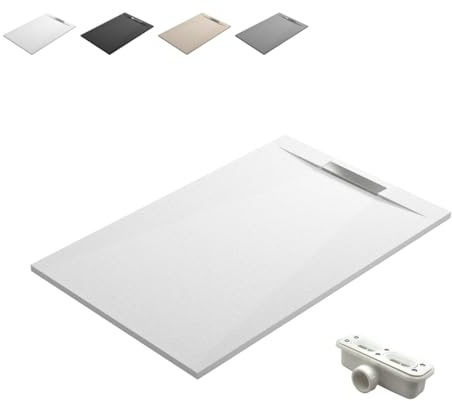 Plato de Ducha de Resina Antideslizante con Valvula y Rejilla Oculta | Textura Piedra | Blanco | 70 X 170 cm