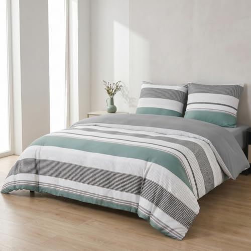 Nesture Bettwäsche 155x220 2teilig Mikrofaser, Gestreift Salbeigrün | 1x Bettbezug 155x220 + 1x Kissenbezug 80x80cm mit Reißverschluss, Bettwäsche-Sets Wendebettwäsche, weich & bügelfrei