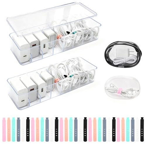 MOAMUN 2Stück Kabelorganizer Box, Transparent Acryl Kabel Aufbewahrungsbox mit Deckel, 30 Kabelbinder und 2 Kabel Organizer Tasche, 8-Fach Kabelmanagement Box für Kopfhörer Ladegeräte Kabel