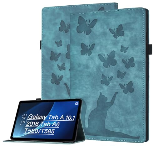 Bemoloon Tab Fundas para Samsung Galaxy Tab A 10.1 2016 A6/T580/T585 PU Gato y Mariposa Carcasa para Tableta, Soporte, Ranura para Tarjetas, Porta Lápiz, Gato Verde