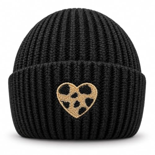 J26 Wintermütze Strickmütze mit Herz Leopard Symbol Winter Hut Mütze Unisex Beanie Viskose