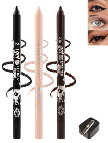 3Pcs Gel Eyeliner Wasserfest, Schwarz Nackt Brauner Kajalstift Langahaltend | Smooth Creme Matt Texture, Wischfest Eyeliner mit Anspitzer, Intensive Farbe, Hypoallergen Makeup Set für Empfindliche Augen