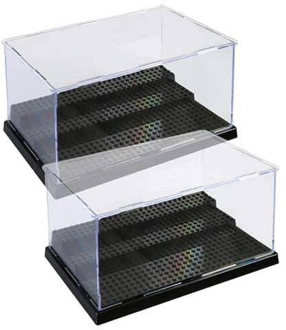 Vexnaro 3 Schicht Acryl Vitrine, 2er Durchsichtige Acryl Schaukasten Vitrine mit Noppenplatten, Stapelbarer, Staubdichter Schaukasten für Figuren, Bausteine und Sammlermodelle (Schwarz)