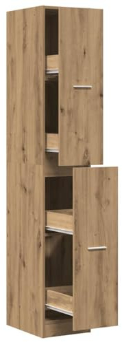 pokgdf Stabiler Apothekerschrank aus Holzwerkstoff in Artisan-Eiche-Optik, klassischer Apothekerschrank für Zuhause mit Metallschienen und Griffen 30 x 41 x 174,5 cm, mit großzügigem