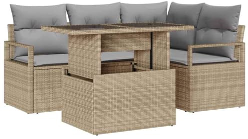 Favemtsl Gartensofa Set 5-TLG Beige Hellgrau Poly-Rattan Ecksofa Sitzgruppe wetterfest mit höhenverstellbarem Tisch für Balkon Terrasse Garten Lounge