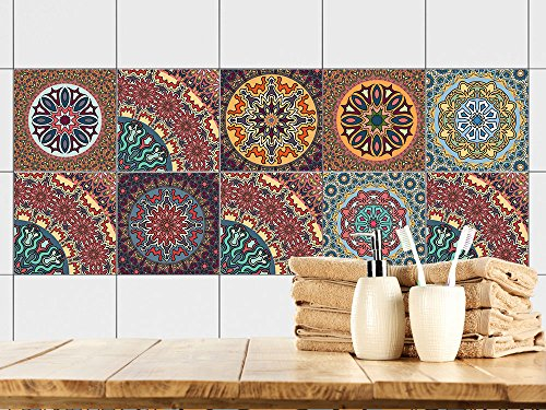 GRAZDesign Fliesenaufkleber Küche Mandala Mosaik, Klebefolie Klebefliesen, Küchenfliesen überkleben, Fliesenbild selbstklebend Fliesenfolie einzeln, glänzende Folie, 15x15cm, Set 10 Stück