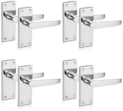 XFORT® Lever Latch Flat Polished Chrome Door Handles, Elegant Door Handle Set for Wooden Doors, Classic Victorian Straight Design, Ideal for All Types of Internal Doors [4 Pair].