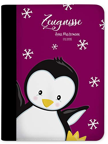 CreaDesign Customize A4 Zeugnismappe für Kinder 26,7x32,7x1 cm, Sichtbuch mit 10 Klarsichthüllen, erweiterbar auf bis zu 20 Taschen, Pinguin Brombeere design, Dokumentenmappe für Schüler