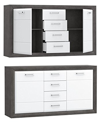 Kommode Lennox New ENXK231, Sideboard mit 2 Türen und 4 Schubladen, Betonoptik mit Weiß Hochglanz