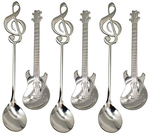 Maydahui Set di 6 cucchiai per chitarra, note musicali, cucchiaini da tè in acciaio inox 18/10 (304), con notazione musicale, cucchiaio da dessert per caffè, miscelazione, marmellata