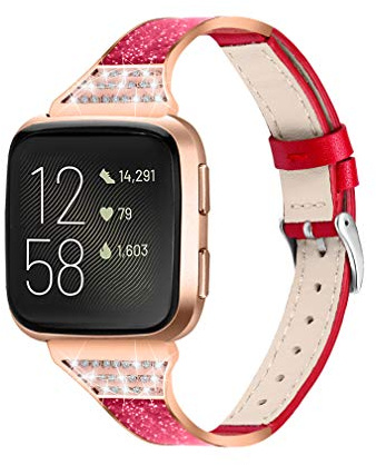Gimart Bling Leder Armband Kompatibel mit Fitbit Versa 2/Versa Lite/Versa SE/Versa, Slim Ersatz Leder Uhrenarmband Band Armband für Versa Frauen Männer Klein Groß (Rot)