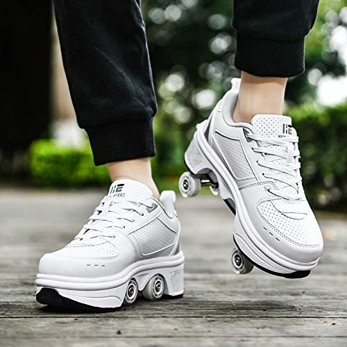 Inline-Skate Rollschuh Roller Skates Lauflernschuhe,Sneakers,2in1 Mehrzweckschuhe Schuhe Mit Rollen Skateboardschuhe,Inline-Skate,Verstellbare Quad-Rollschuh Stiefel Skateboardschuhe,White-EUR39