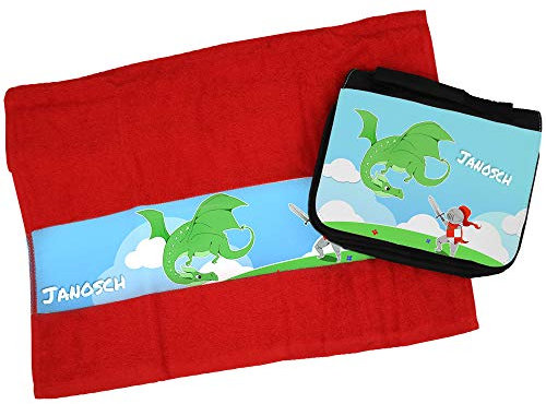 Eurofoto Handtuch + Kulturbeutel Set mit Namen Janosch und Ritter-Motiv für Jungen | Handtuch und Kulturbeutel Bedruckt |