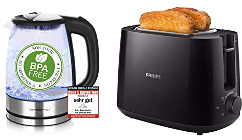 Emerio WK-119988 Glas Wasserkocher,1.7 Liter, 2200 Watt, 1.7 liters, Silber & Philips HD2581/90 Toaster, integrierter Brötchenaufsatz, 8 Bräunungsstufen, schwarz