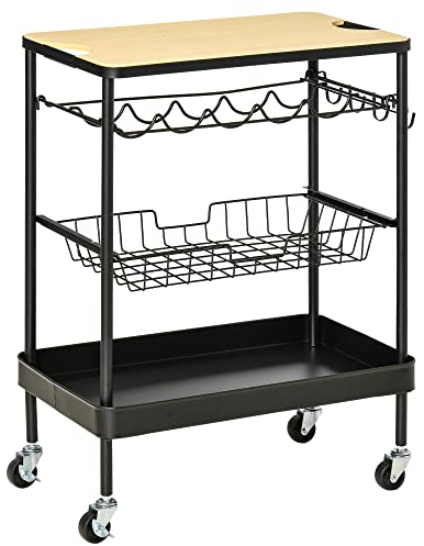 HOMCOM Carro de Cocina con Ruedas Carrito de Servicio Multiuso con Botellero Cesta Extraíble Bandeja y 4 Ganchos para Comedor Salón 60,5x35,5x75 cm Negro y Roble