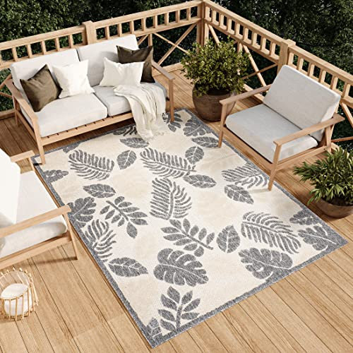 TAPISO Viera Teppich Outdoor Indoor Creme Grau Blätter Loop-Teppich Terasse Balkon Wasserabweisend Strapazierfähig UV-Beständig ÖKO-TEX 160 x 220 cm