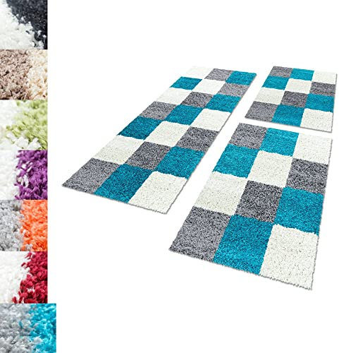 Carpettex Bettumrandung Schlafzimmer 3teilig Shaggy Teppich Hochflor Karo Muster Türkis Bettset:2 mal 80x150 + 1 mal 80x250 - Bettvorleger Schlafzimmer Läuferset Weicher Langflor Bettumrandung Teppich