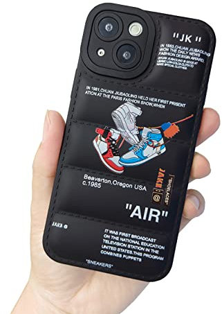 Cairiocoin Ins Off Sports Shoes Brand Puffer Phone Case Compatible w/iPhone 14 Plus 6.7 inch, Sneakers White Label Pattern Graphics Soft Silicone Full Body Shockproof Protective Case, Black