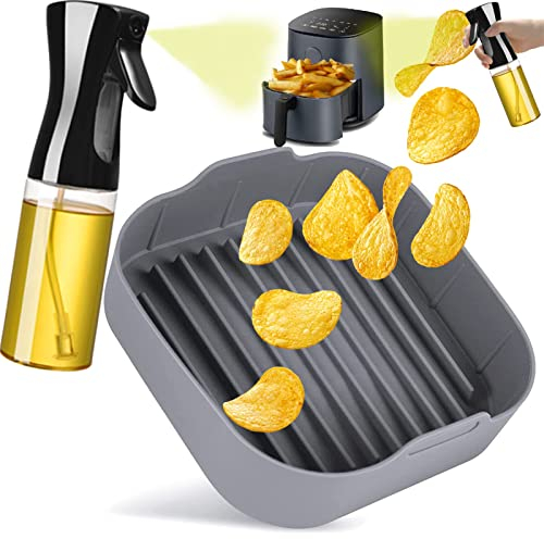 KKNE Molde Silicona Freidora de aire (+ Pulverizador de aceite) Accesorios cosori 5 5,5 L - Olla Cuadrada air fryer recipiente Cesta Facil de lavar - Drenado de aceite 20 CM