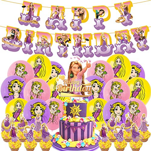 IQEPXTGO Rapunzel Geburtstagsdeko Party Luftballons Prinzessin Tangled Thema Dekoration Geburtstag Rapunzel Party Supplies Kindergeburtstag Banner Cake Topper Ballon für Geburtstagsfeier