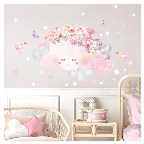 DEKO KINDERZIMMER Wandtattoo rosa Mond & Wolken Wandsticker Sterne Babyzimmer Wandaufkleber Kinderzimmer Wanddeko DK1080-1