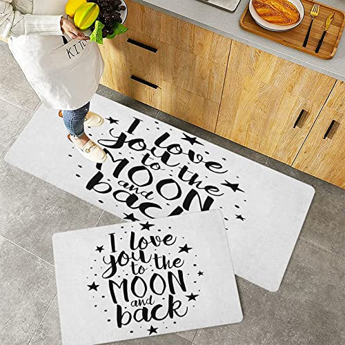 MADVEI Küchenteppich Teppich Läufer Küchenläufer 2 Stück,I Love You Romantic I Love You to The Moon and Back Lifestyle Words Print, Weiß Schwarz,rutschfest waschbar für Flur Küche 40x60 cm+40x120 cm