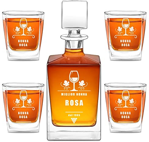 Maverton set Decanter da whisky con 4/6 bicchieri - incisione personalizzata - Caraffa vetro con tappo 810 ml - Bottiglia per whisky - pensiero originale donna - per compleanno - calice